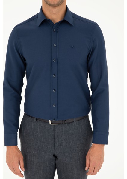 Erkek Lacivert Slim Fit Armürlü Uzun Kollu Gömlek 50298055-VR033
