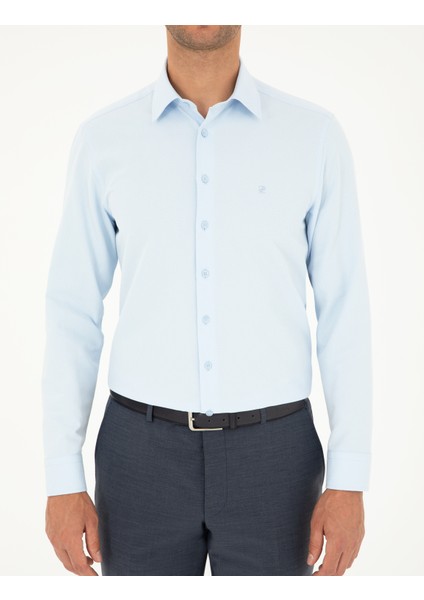 Erkek Açık Mavi Slim Fit Armürlü Uzun Kollu Gömlek 50298040-VR003