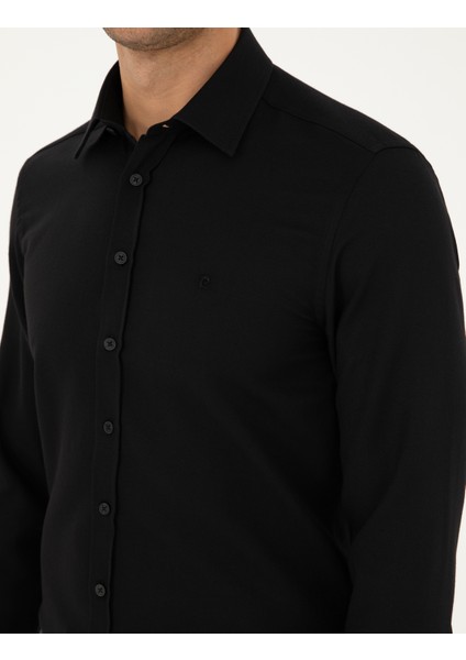 Erkek Siyah Slim Fit Armürlü Uzun Kollu Gömlek 50298055-VR046