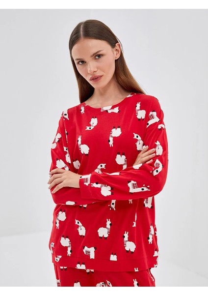 Dream kırmızı Bisiklet Yaka Baskılı Kadın Pijama Takımı