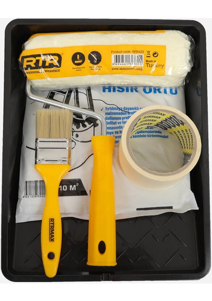 RFR705 Usta Boyacı Seti 5 Parça (Cephe Rulosu,Kesme Fırca,Hışır Örtü,Maskeleme Bandı,Boyacı Tavası)