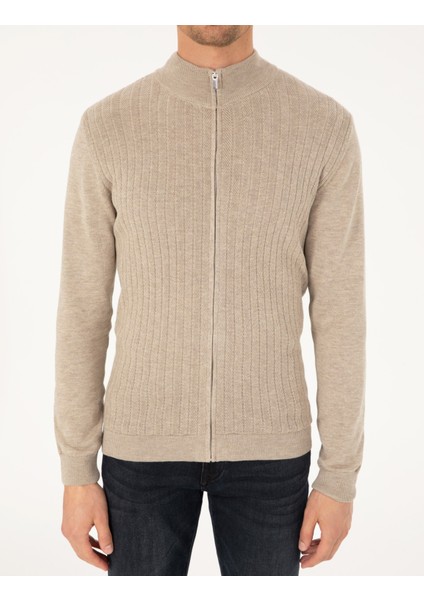 Erkek Kum Melanj Slim Fit Fermuarlı Triko Hırka 50300508-VR123