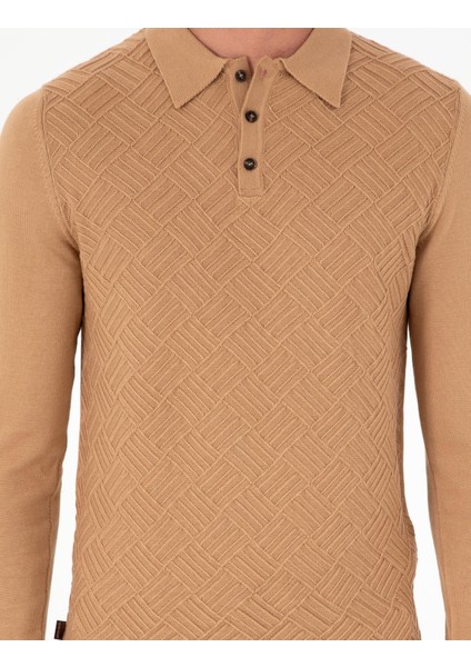 Erkek Koyu Camel Slim Fit Düğmeli Polo Yaka Triko Kazak 50300521-VR214