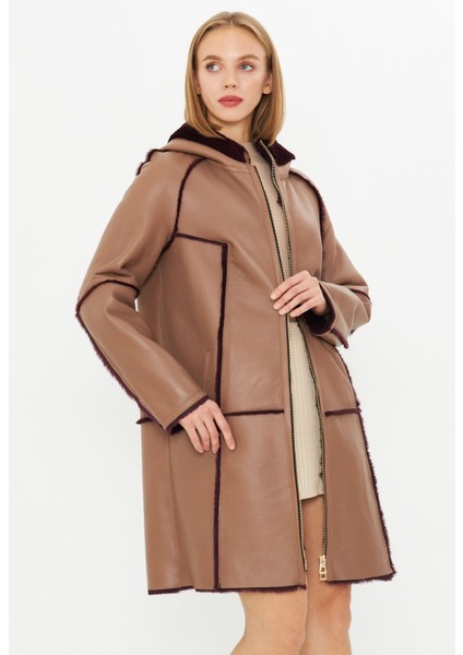 Deri Kapüşonlu Oversize Kadın Kaban - Içi Kürklü Bordo - Kahverengi 90 cm - 113422 modelleri