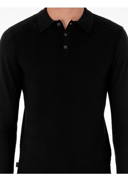 Erkek Siyah Slim Fit Düğmeli Polo Yaka Triko Kazak 50300521-VR046
