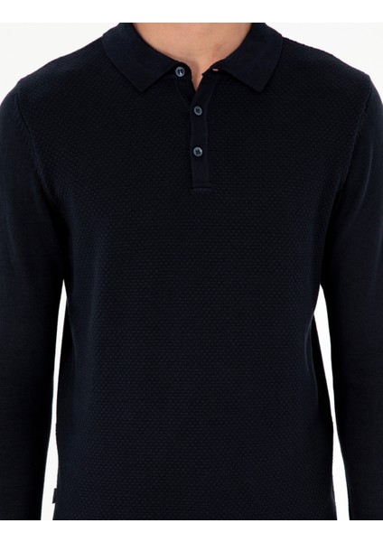 Erkek Lacivert Slim Fit Düğmeli Polo Yaka Triko Kazak 50300506-VR033