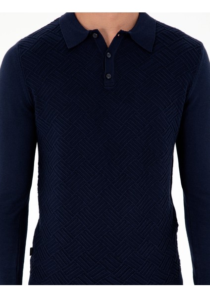 Erkek Lacivert Slim Fit Düğmeli Polo Yaka Triko Kazak 50300521-VR033