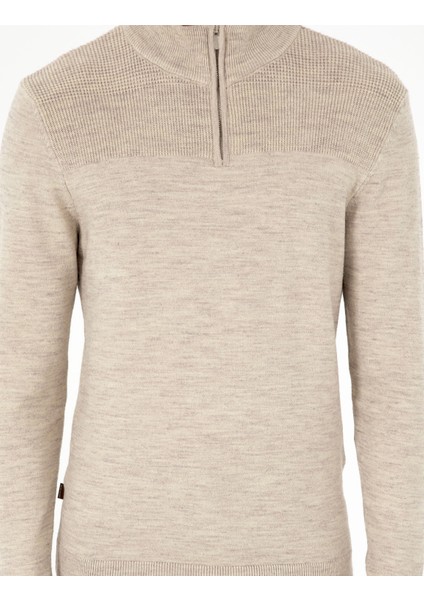 Erkek Kum Melanj Slim Fit Fermuarlı Dik Yaka Triko Kazak 50300532-VR123