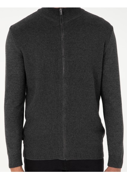 Erkek Gri Melanj Slim Fit Fermuarlı Triko Hırka 50300497-VR086