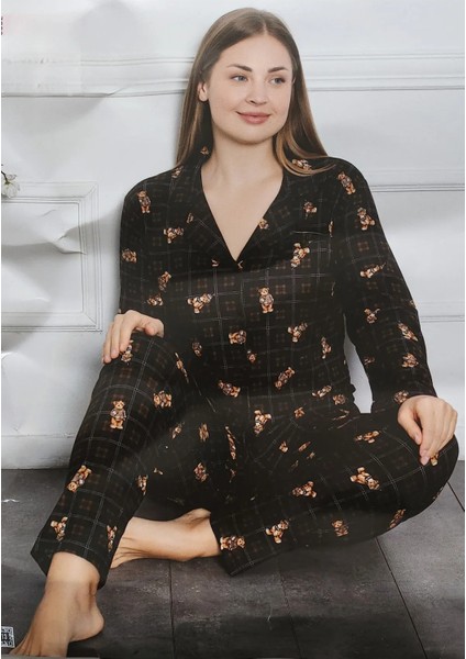 Süet Battal Beden Düğmeli Ekose Desenli Anne Pijama Takımı