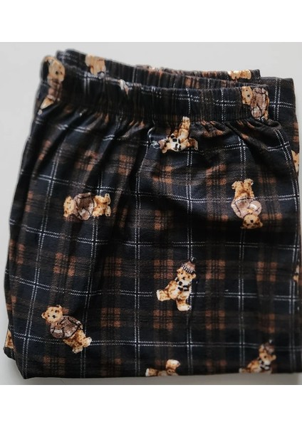 Süet Battal Beden Düğmeli Ekose Desenli Anne Pijama Takımı