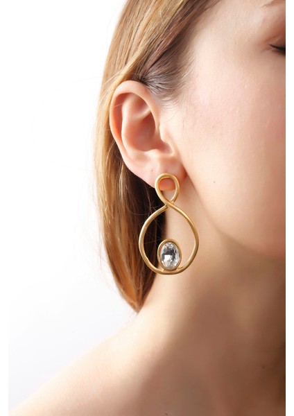 Matya Mat Altın Kaplama Sallantılı Beyaz Oval Taşlı Model Küpe