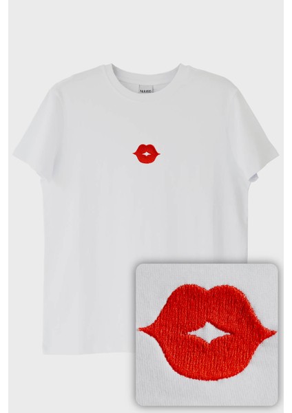 Dudak Desenli Nakış Tişört - Sevgililer Günü Çift Tişörtleri