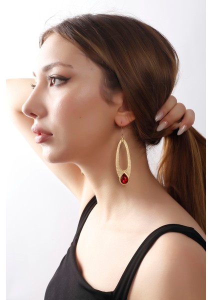 Matya Mat Altın Kaplama Sallantılı Kırmızı Damlataşlı Model Küpe