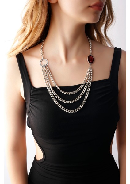 Matya Antik Gümüş Kaplama Kırmızı Taşlı Kolye