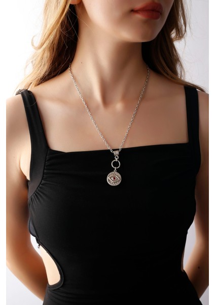 Matya Antik Gümüş Kaplama Kırmızı Zirkon Taşlı Kolye fiyatları