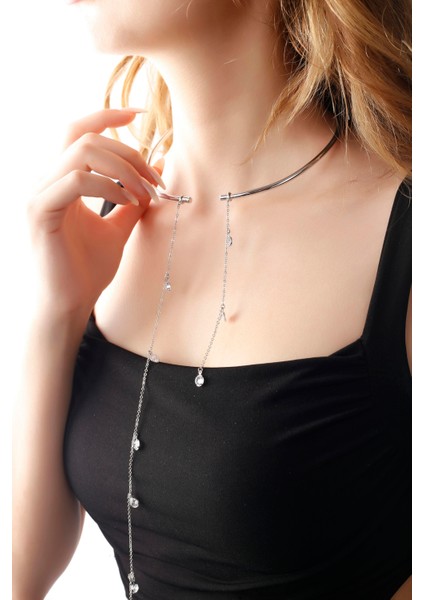 Matya Rodyum Renk Kaplama Zincir Sallantılı Beyaz Zirkon Taşlı Açık Bant Charm Detaylı Kolye fiyatları