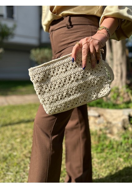 El Yapımı Ekru Makrome Motifli Clutch El Çantası "makrova"