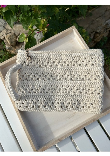 El Yapımı Ekru Makrome Motifli Clutch El Çantası "makrova" modelleri