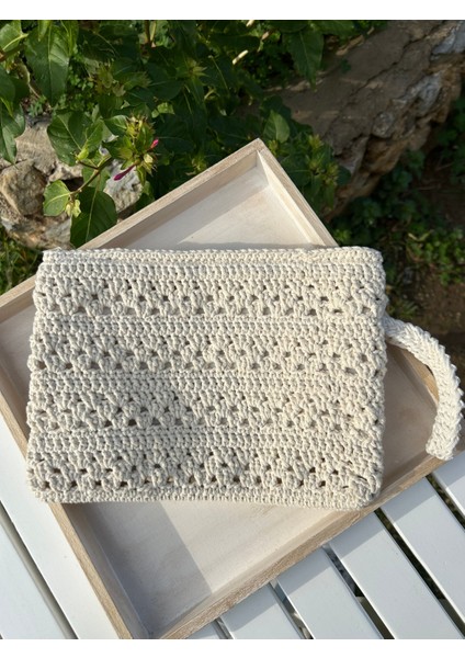 El Yapımı Ekru Makrome Motifli Clutch El Çantası "makrova" fırsatları