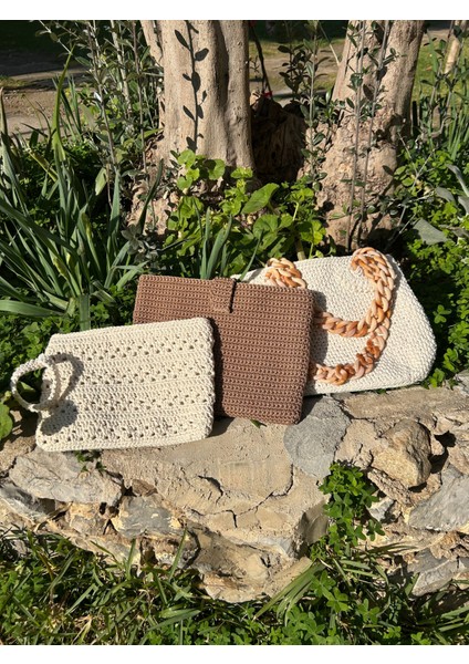 El Yapımı Ekru Makrome Motifli Clutch El Çantası "makrova" indirimleri