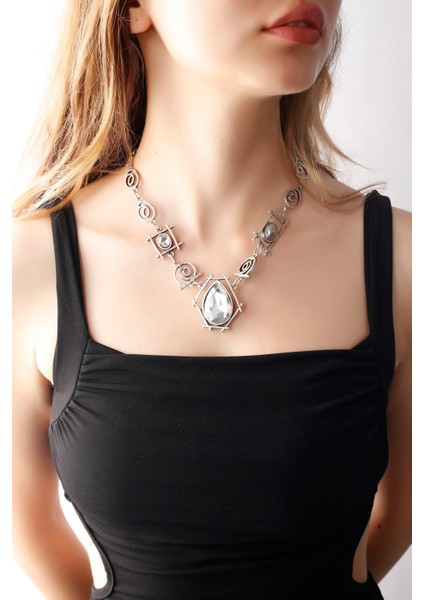 Matya Antik Gümüş Kaplama Beyaz Zirkon Taşlı Kolye