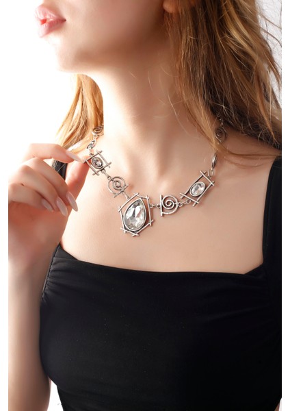 Matya Antik Gümüş Kaplama Beyaz Zirkon Taşlı Kolye modelleri