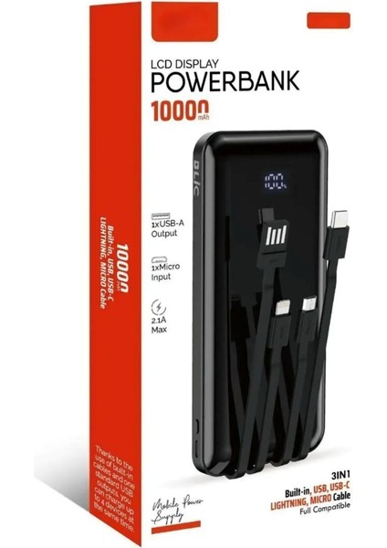LCD Display Powerbank 10000 mAh Dijital Göstergeli Kablolu Hızlı Şarj 1 Adet