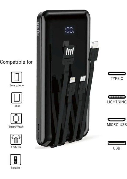 LCD Display Powerbank 10000 mAh Dijital Göstergeli Kablolu Hızlı Şarj 1 Adet