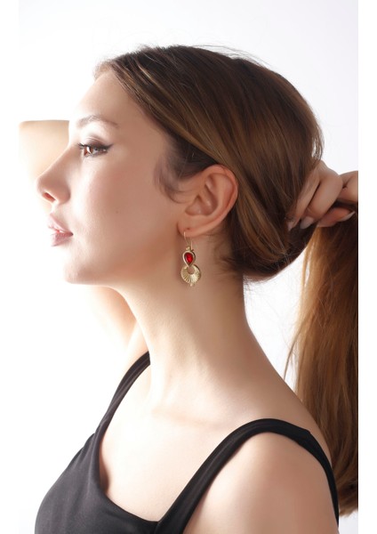Matya Mat Altın Kaplama Sallantılı Kırmızı Damla Taşlı Model Küpe