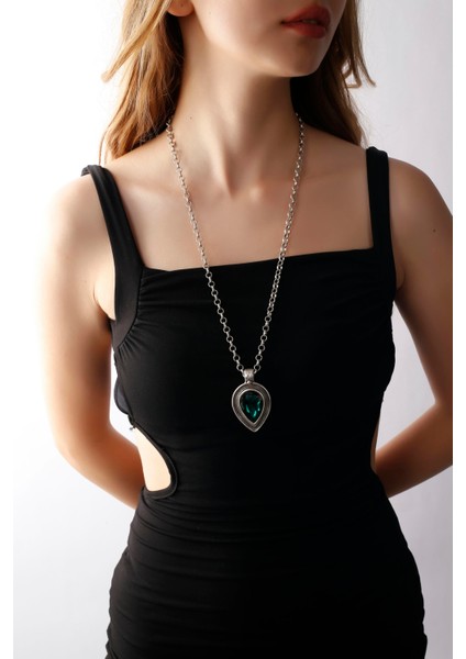 Matya Antik Gümüş Kaplama Yeşil Zirkon Taşlı Kolye