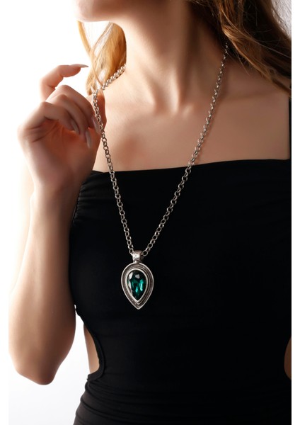 Matya Antik Gümüş Kaplama Yeşil Zirkon Taşlı Kolye fiyatları