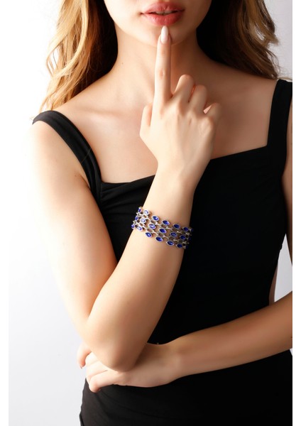 Matya Antik Gümüş Kaplama Mavi Zirkon Taşlı Bileklik