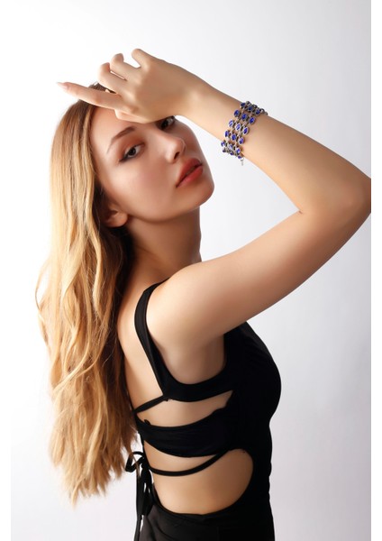 Matya Antik Gümüş Kaplama Mavi Zirkon Taşlı Bileklik modelleri