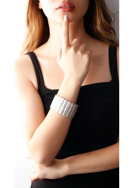 Matya Antik Gümüş Kaplama Lastikli Ağac Kabuğu Motifli Bileklik