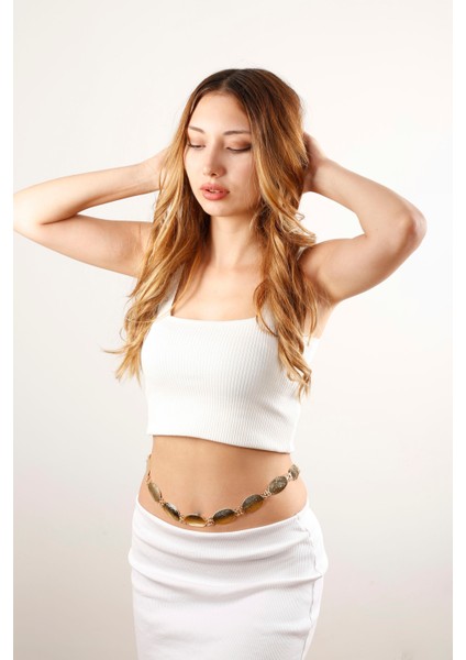 Matya Altın Renk Lak Kaplama Oval Parçalı Ayarlanabilir Bel Zinciri