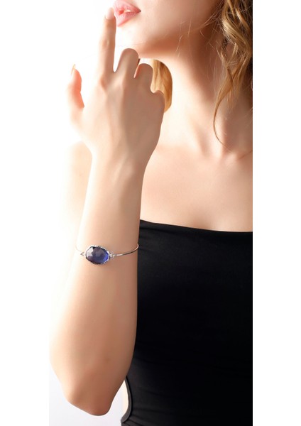 Matya Rodyum Renk Kaplama Mavi Zirkon Taşlı Sıvama Bileklik