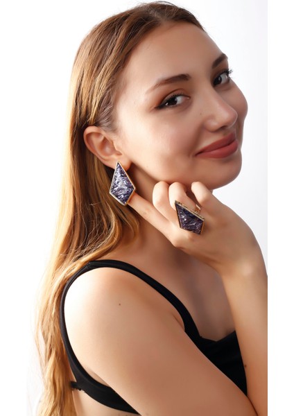 Matya Altın Renk Lak Kaplama Ayarlanabilir Mor Taşlı Çivili Model El Işçiliği Küpe&yüzük Set