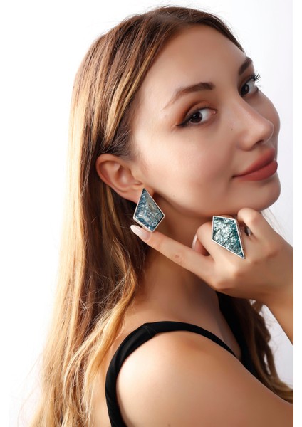 Matya Antik Gümüş Kaplama Ayarlanabilir Turkuaz Taşlı Çivili Model El Işçiliği Küpe&yüzük Set