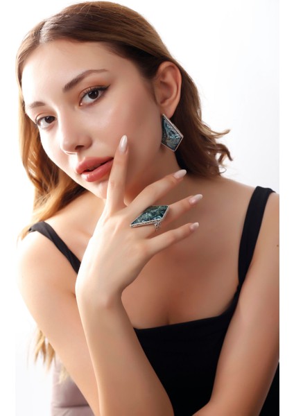 Matya Antik Gümüş Kaplama Ayarlanabilir Turkuaz Taşlı Çivili Model El Işçiliği Küpe&yüzük Set modelleri