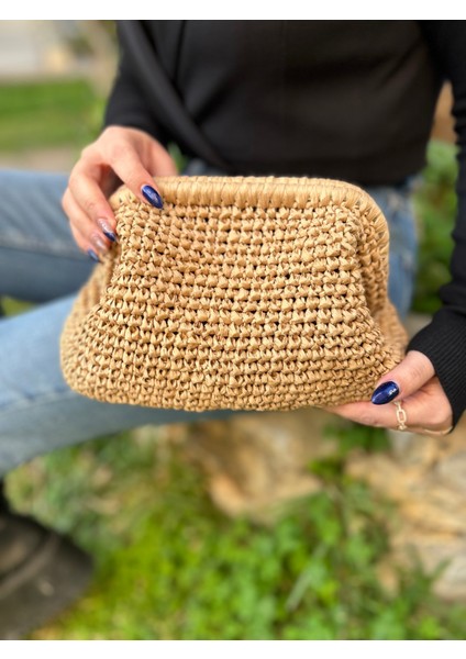 El Yapımı Bej Rengi Kağıt Ip Clutch El Çantası "clutchia"