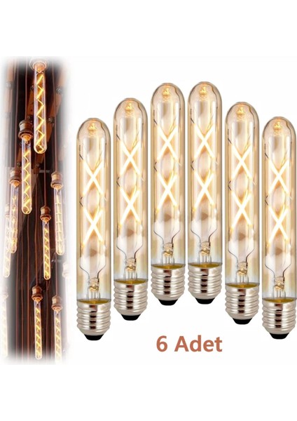 4W Wintage Rustik LED Ampul 2500K E27 Duy Lambam Amber Çubuk Cam Sarı Işık Retro Filament Tüp Ampul 6 Adet