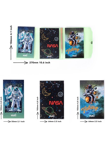 Astronot Renkli Kapaklı Mini 3 Bölmeli Kalemli Defter