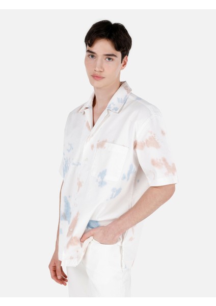 Oversize Fit Shirt Neck Erkek Bej Kısa Kol Gömlek CL1069575
