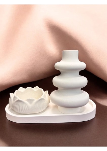 Tealight Mumluk, Vazo ve Tepsi Seti - Modern Minimal Tasarım, Şık Ev ve Ofis Aksesuarı