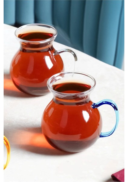Keyfi Ala 6'lı Borosilikat 200 ml Çay Bardağı 6 Farklı Kulp Rengi Şık Tasarım
