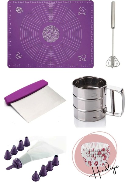 Kek Pasta Yapım Set 5 Parça +1 Hamur Matı,oto Çırpıcı,krema Torbası,un Eleği,hamur Spatula