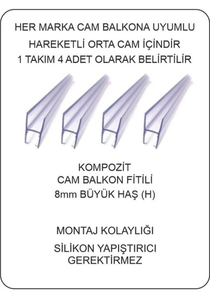 8mm Cam Balkon Şeffaf Fitili Büyük H Fitili 4 Adet 145 cm