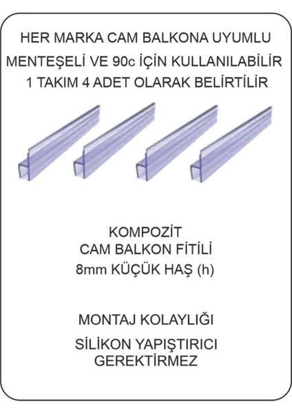Escam-8mm Cam Balkon Şeffaf Fitili Küçük h Menteşeli Cam Için 4 Adet 145 cm
