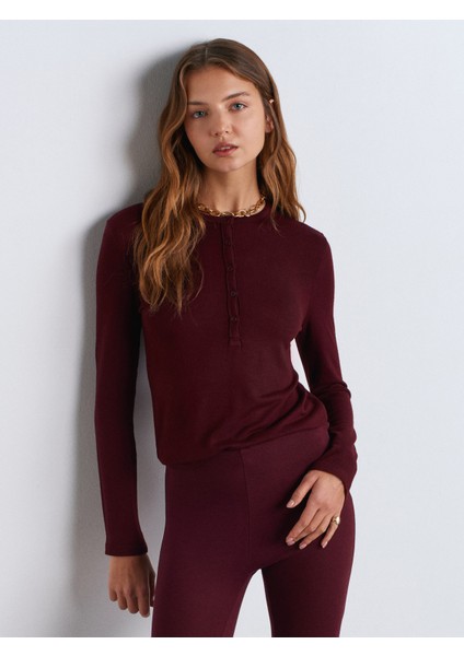 31544 Düğmeli Uzun Kollu Top-Bordo